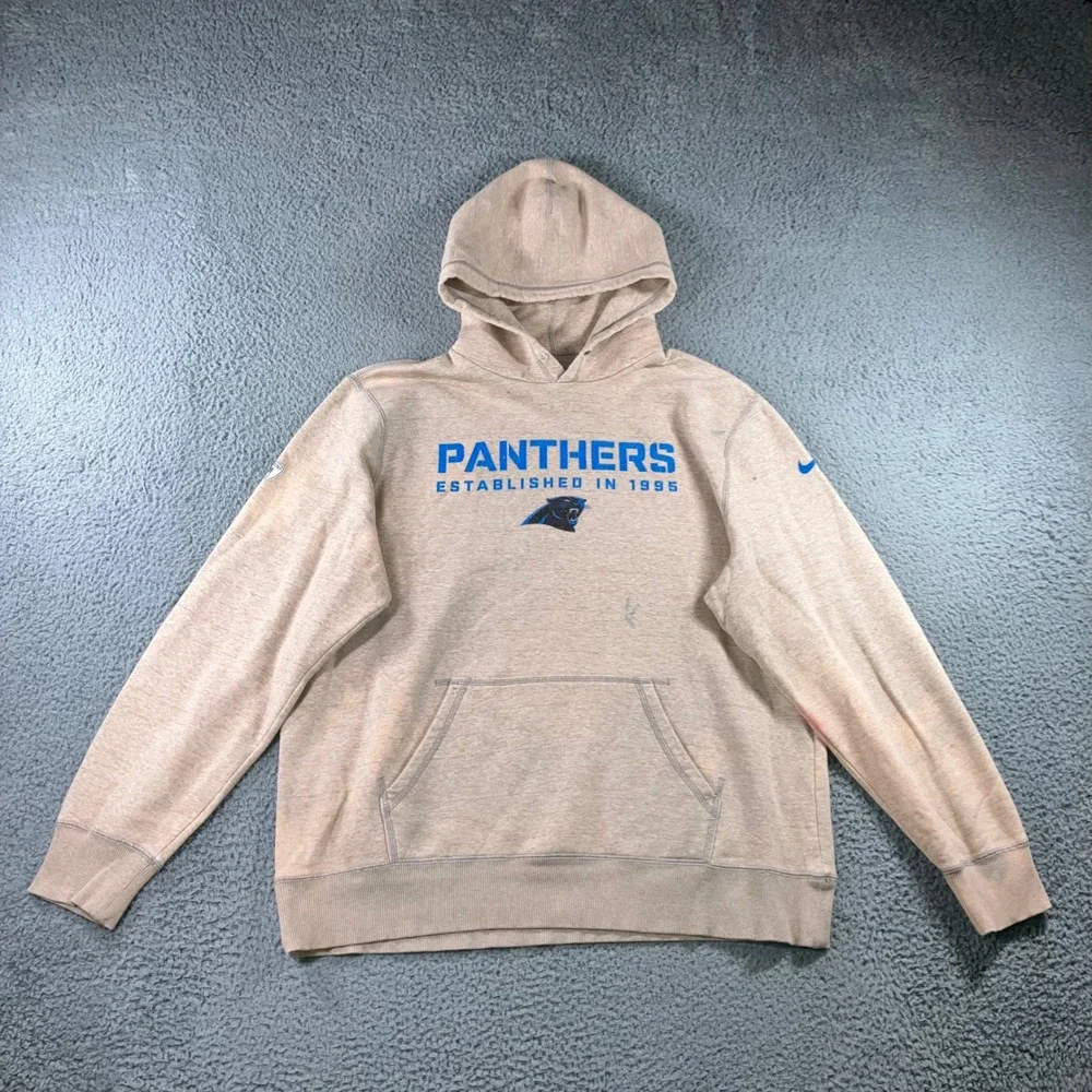 Nike Hoodie Men 3XL NFL Carolina Panthers Oatmeal Beige Blue Paint 90s Thrashed